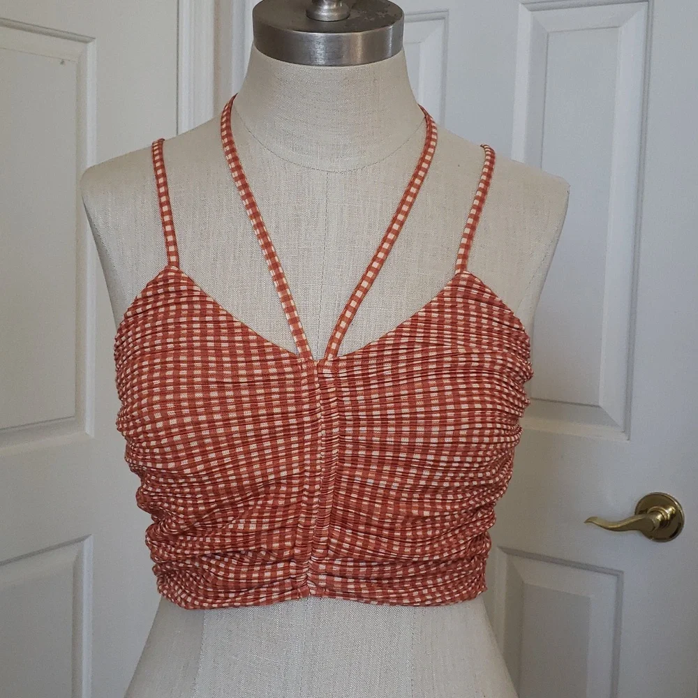 New ZARA Gingham Plaid Checked Cropped Halter Top Ruched Burnt Orange Medium - Picture 4 of 12